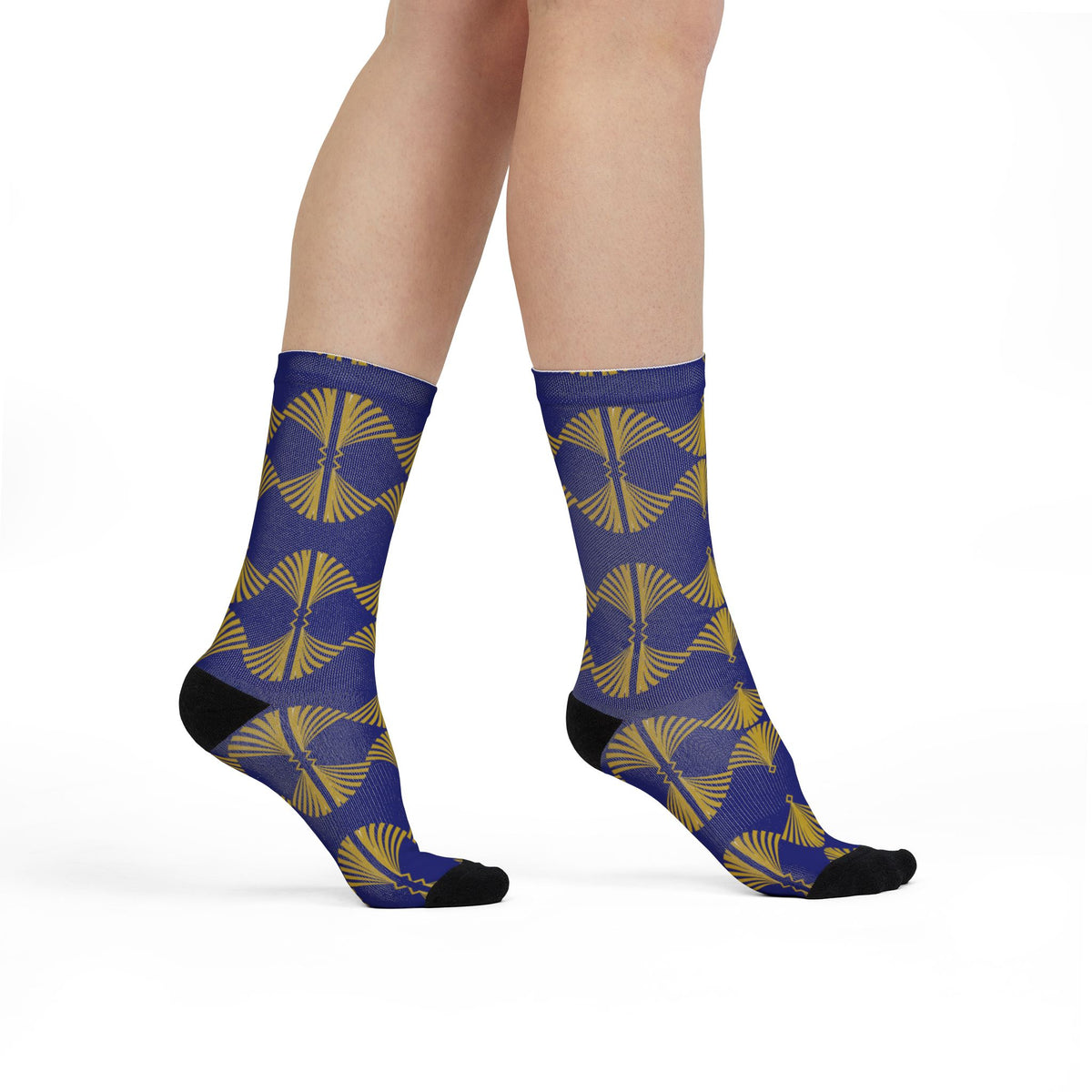 Crew Socks — Gold Art Deco Fan Print on Royal Blue