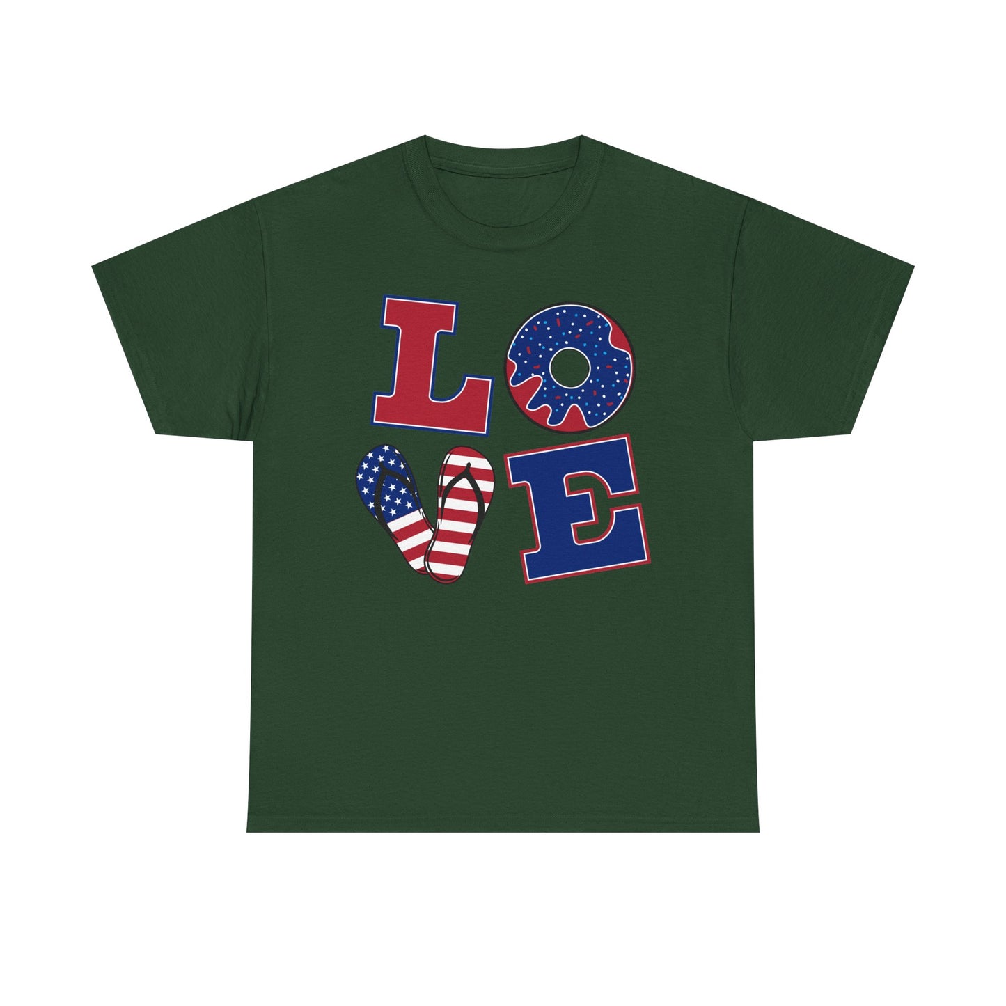 Patriotic "LOVE" Tee – American Flag Donut Heart 4th of July Shirt