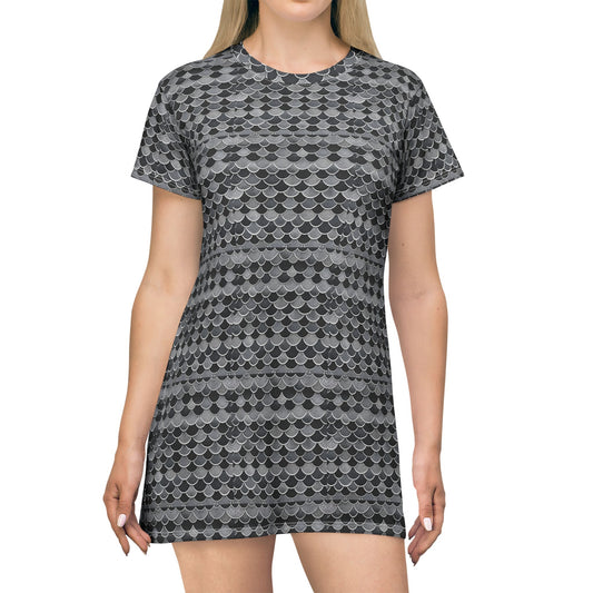 Scale Pattern T-Shirt Dress — Grey All-Over Print