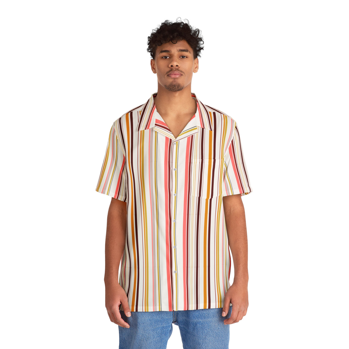 Men's Camp Collar Shirt — Retro Multicolor Vertical Stripe