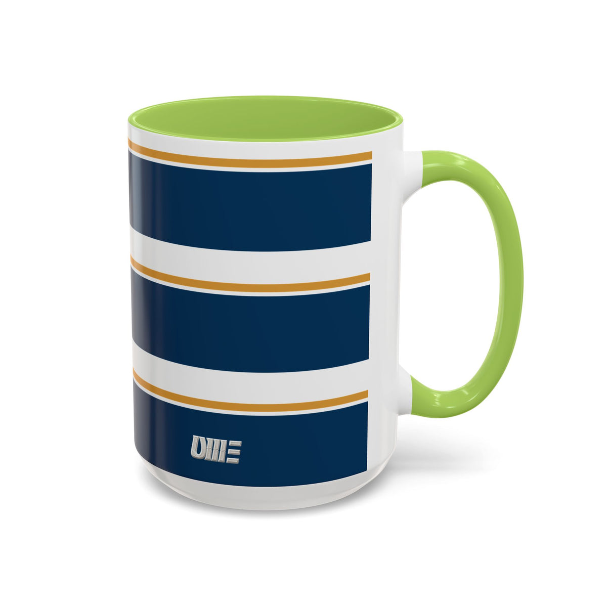 Navy and Gold Striped Accent Mug — White Ceramic