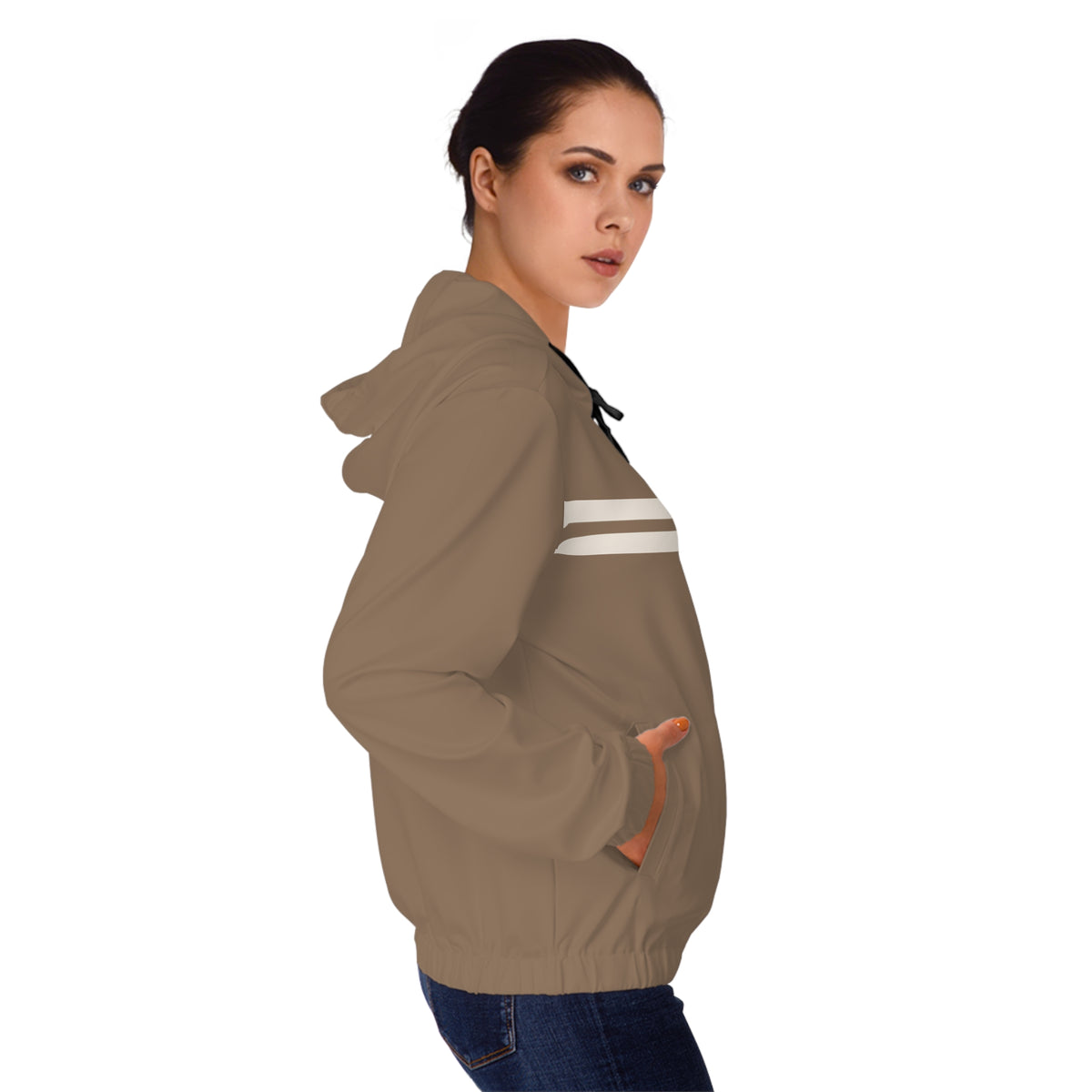 Women’s Full-Zip Hoodie with Retro Stripe Design — Sand All-Over Print
