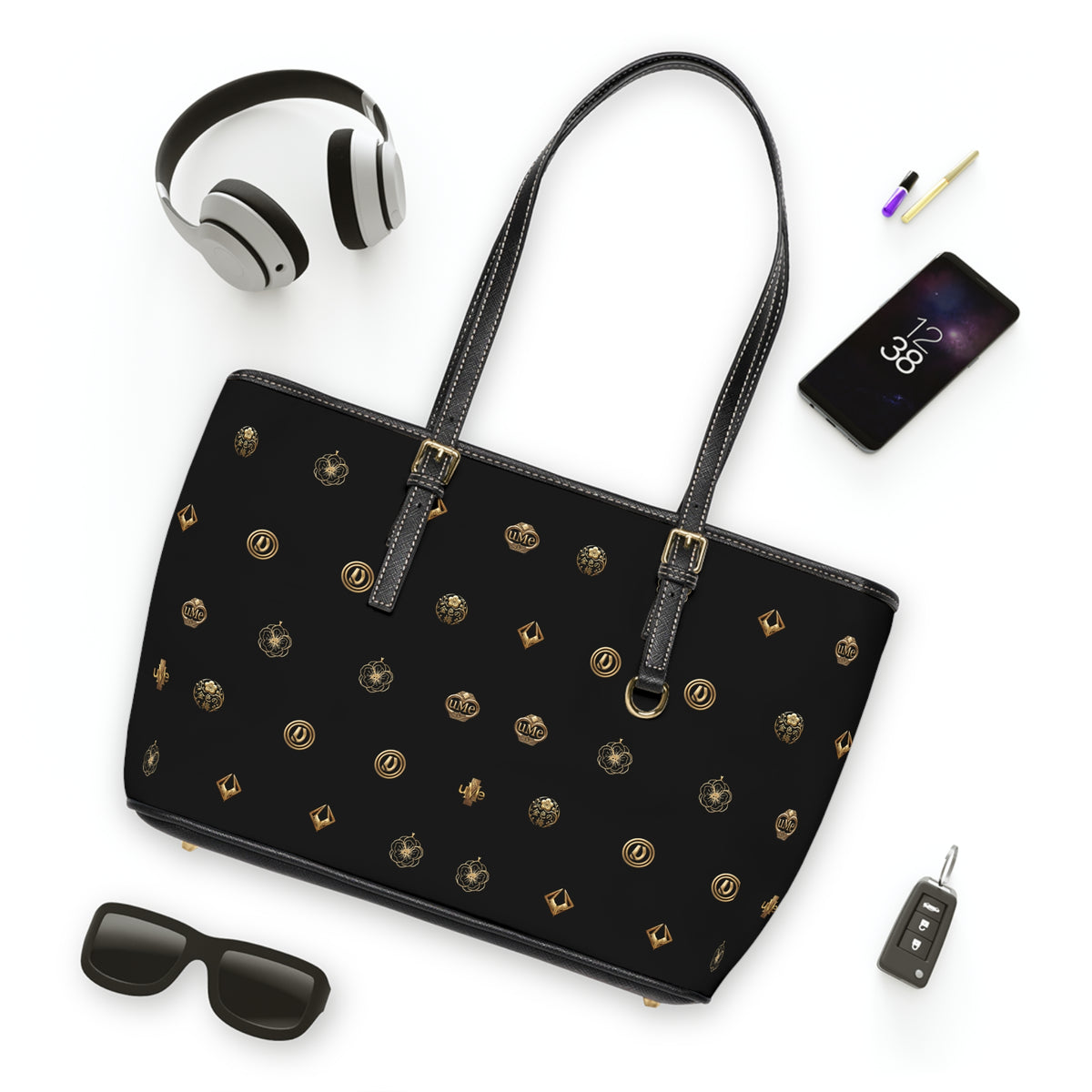 Black Monogram PU Leather Shoulder Bag — Gold Emblem Print Luxe Tote