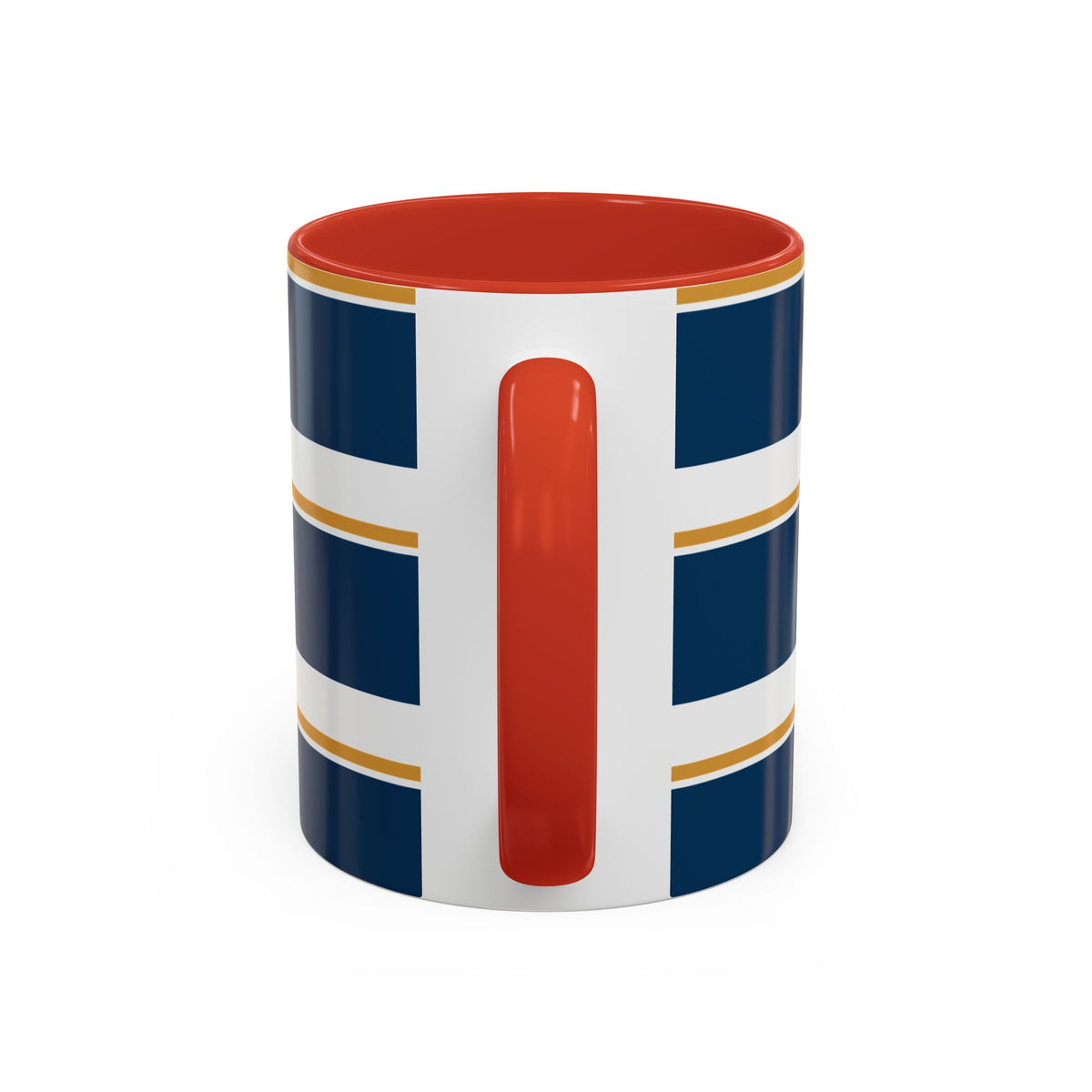 Navy and Gold Striped Accent Mug — White Ceramic