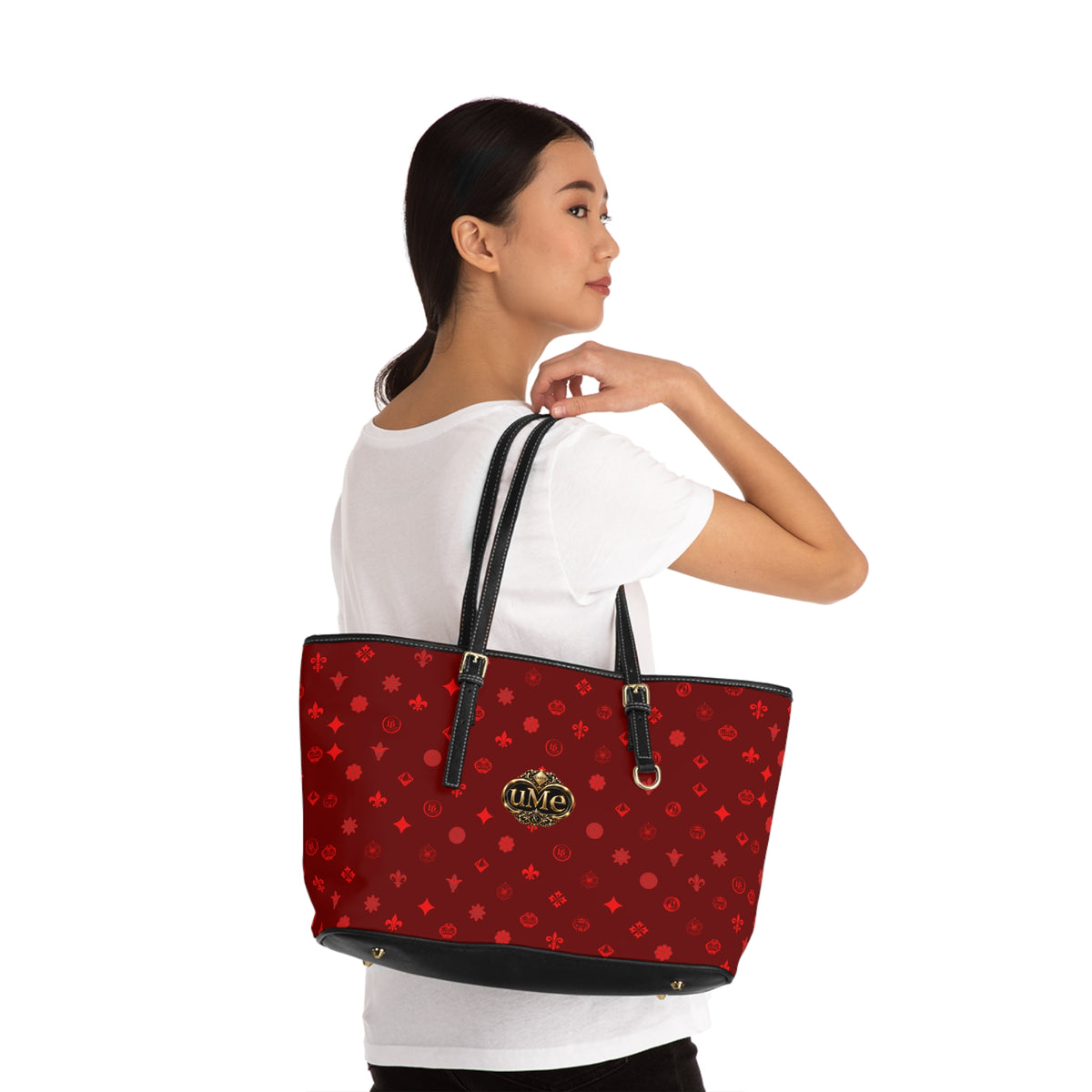 Red Monogram PU Leather Shoulder Bag — Luxe Crown Emblem Tote
