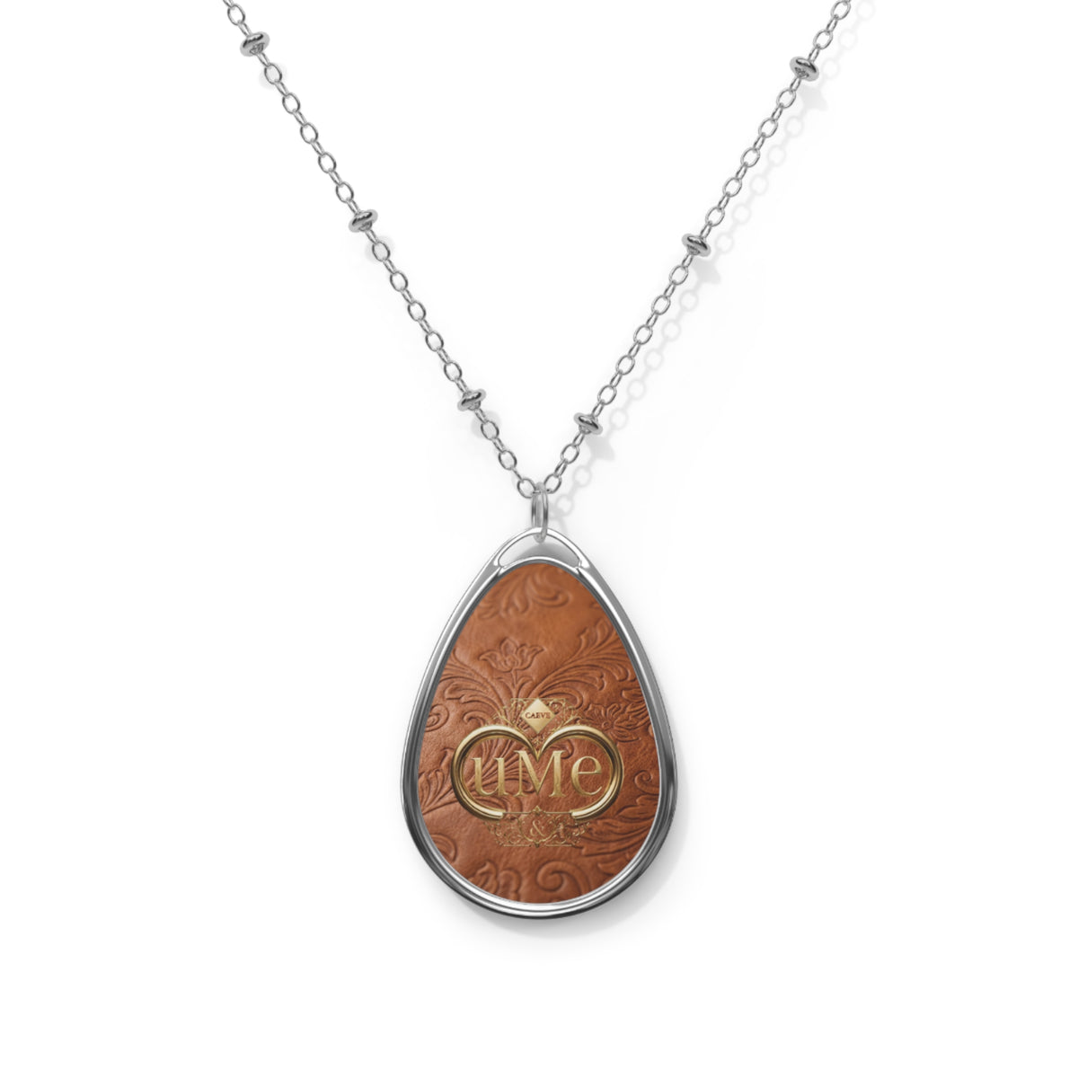 Tan Brown UME Teardrop Pendant Necklace — Silver-Colored Frame & Scroll Print
