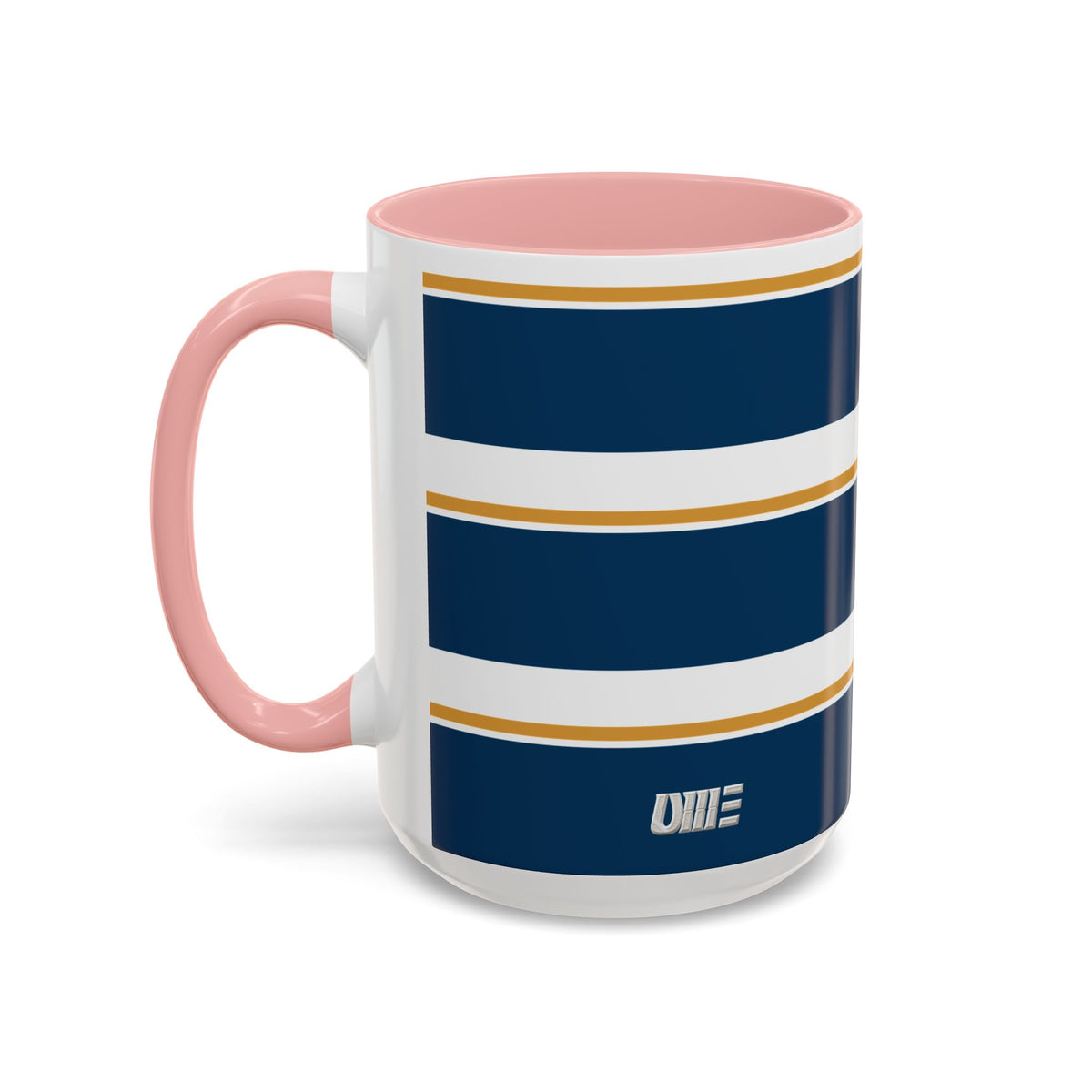 Navy and Gold Striped Accent Mug — White Ceramic
