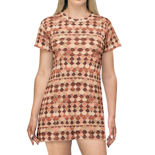 Scallop Pattern T-Shirt Dress — Beige All-Over Print