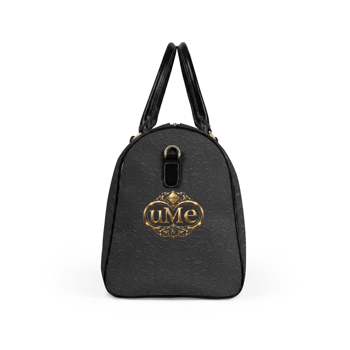 Black Faux Leather Duffle Bag — Gold 'uMe' Crest Weekender