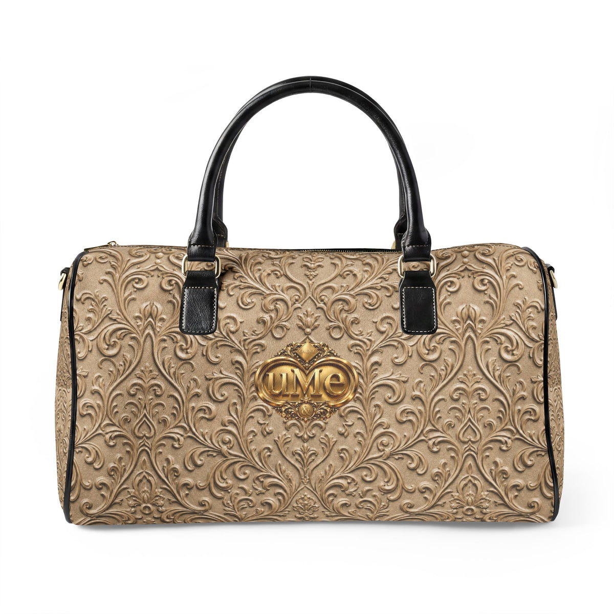 Beige Faux Leather Travel Bag — Ornate Scroll 'uMe' Weekender
