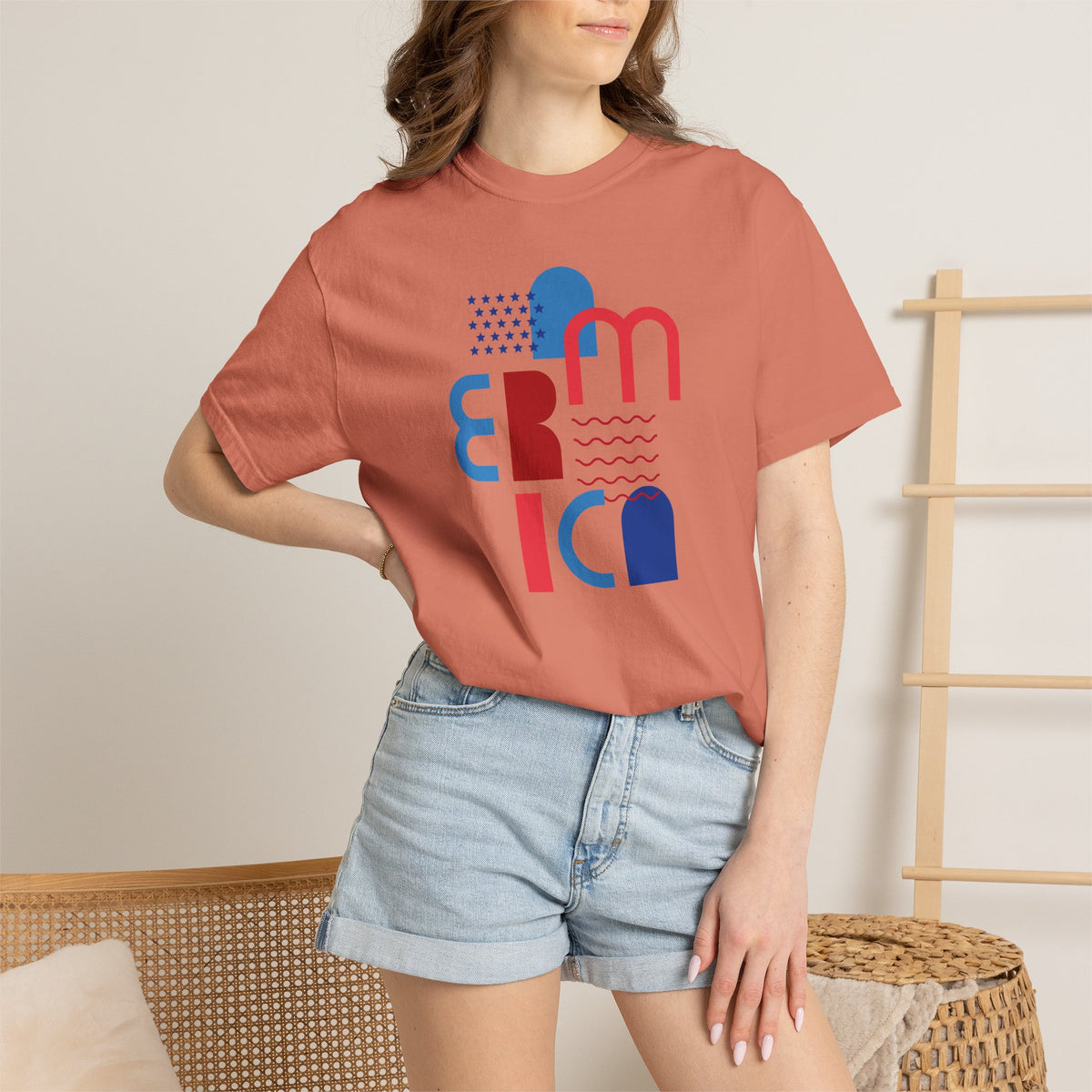 T-Shirt — Abstract 'America' Graphic Tee (Red & Blue Geometric Design)