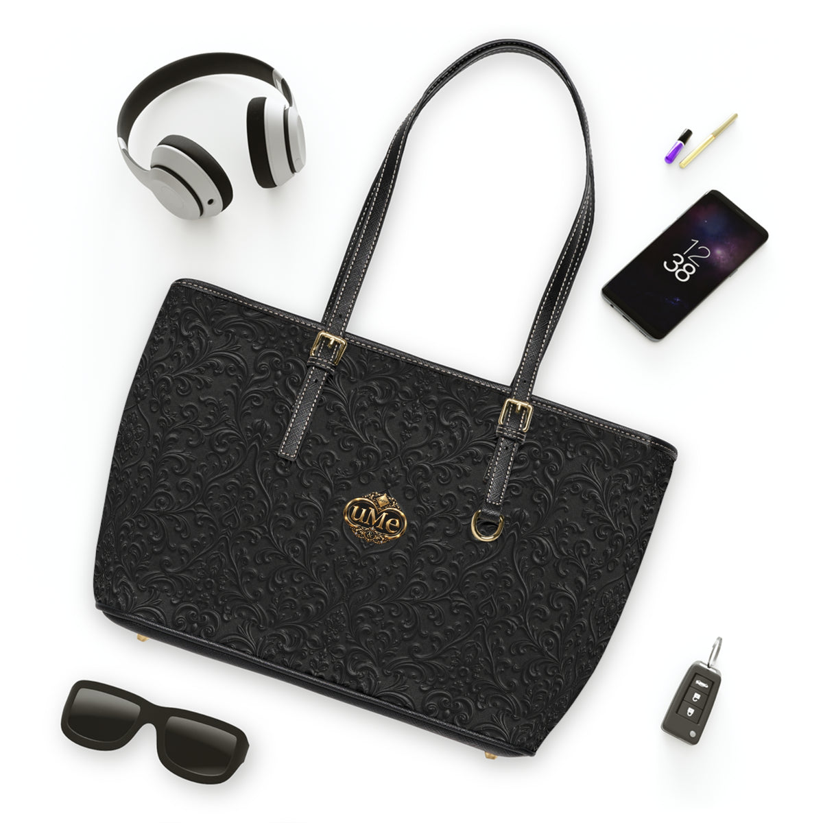 Black UME Gold Crest Shoulder Tote — PU Faux Leather Scroll Print