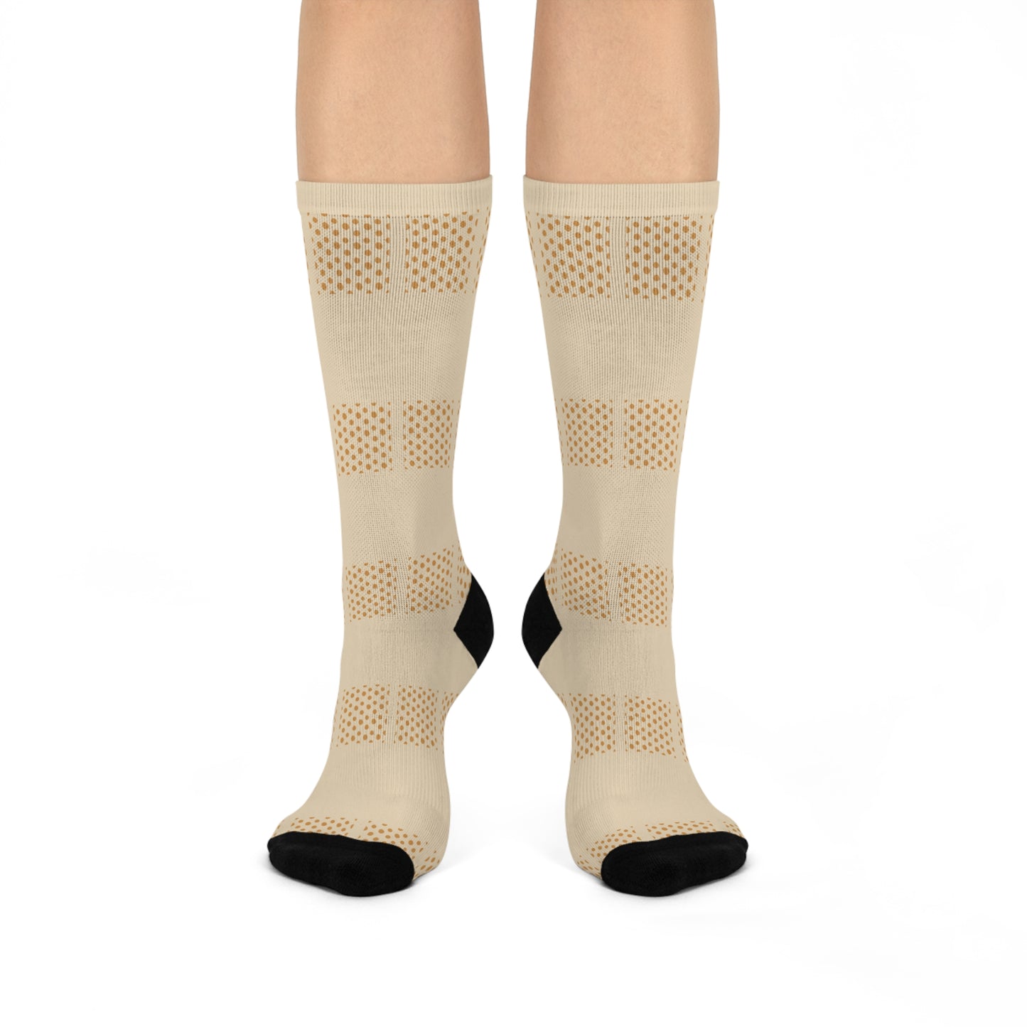 Cushioned Crew Socks — Breathable Beige Athletic Socks with Black Heel & Toe