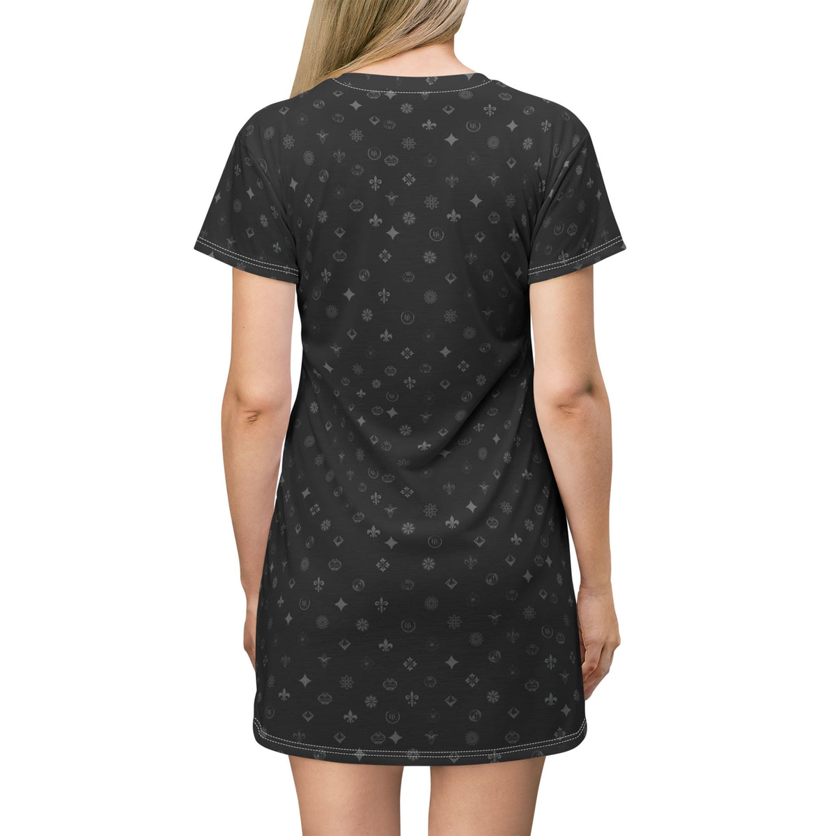 Black All-Over Print T-Shirt Dress — Subtle Monogram Pattern