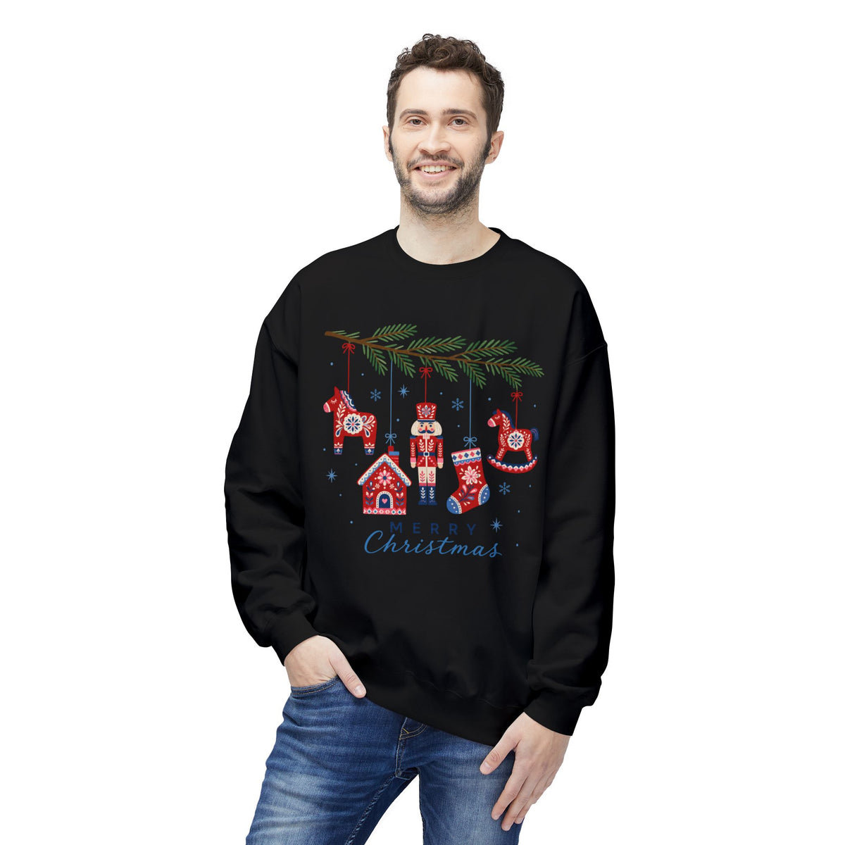 Merry Christmas Scandinavian Folk Art Crewneck Sweatshirt — White, Red & More