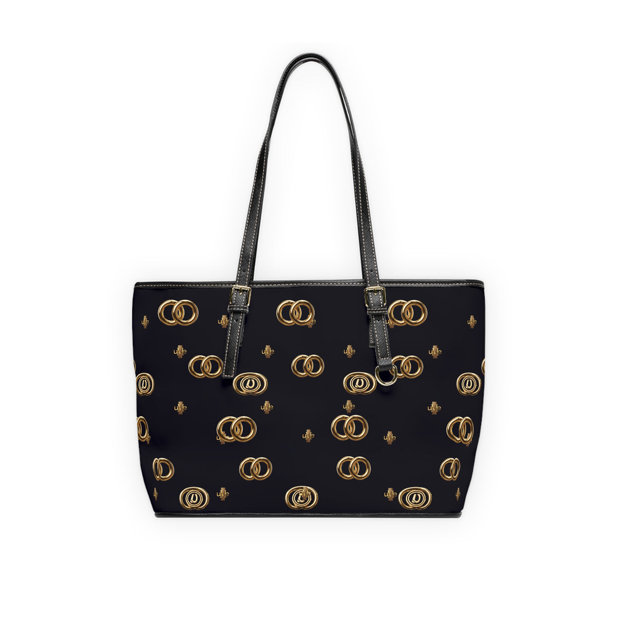 PU Leather Shoulder Bag — Black Gold Emblem Tote