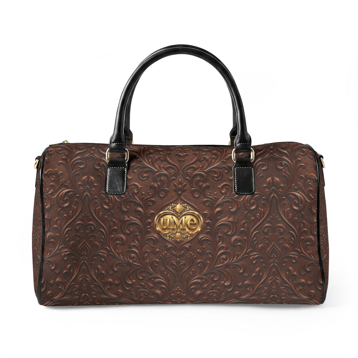 Brown Faux Leather Travel Bag — Vintage Scroll UME Weekender