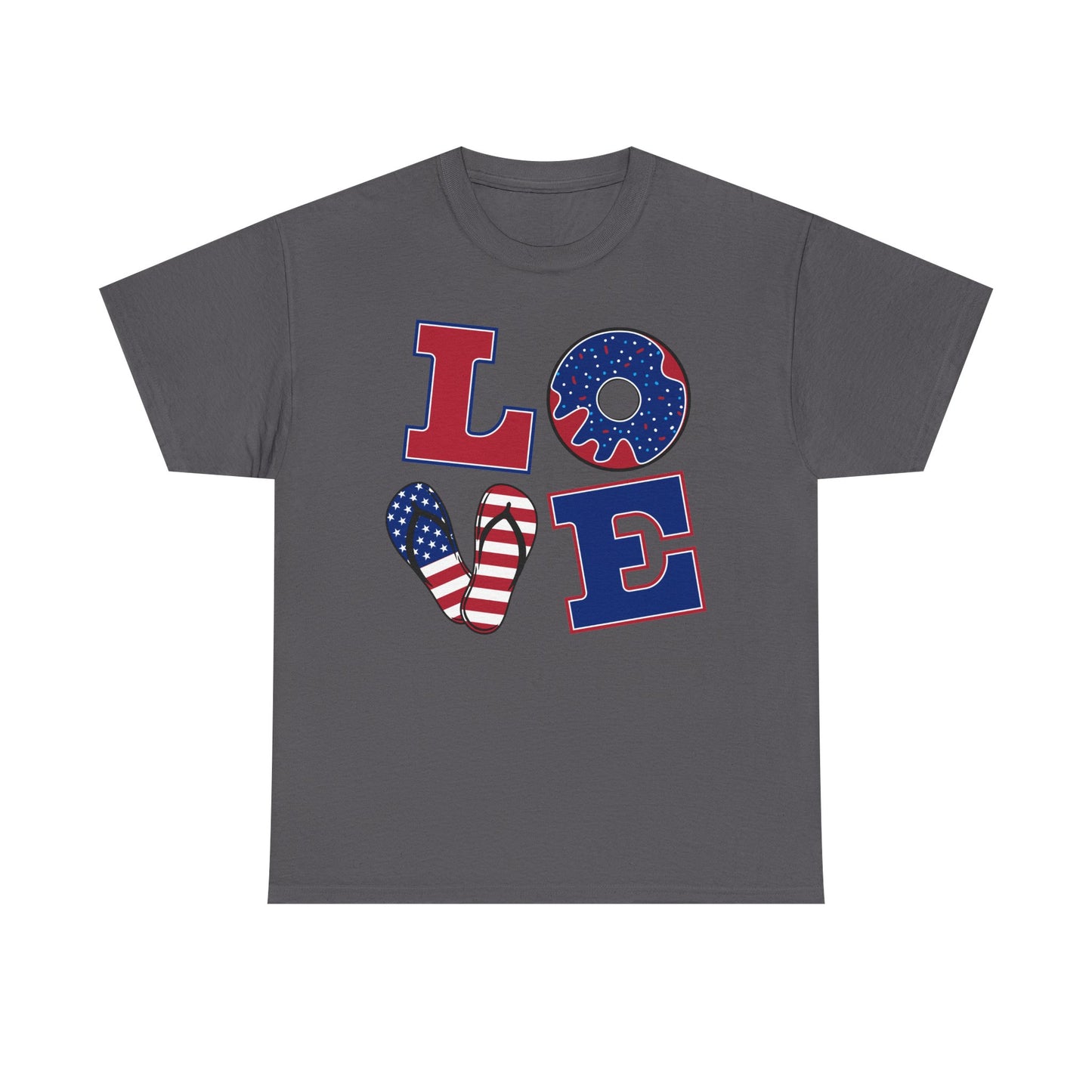 Patriotic "LOVE" Tee – American Flag Donut Heart 4th of July Shirt