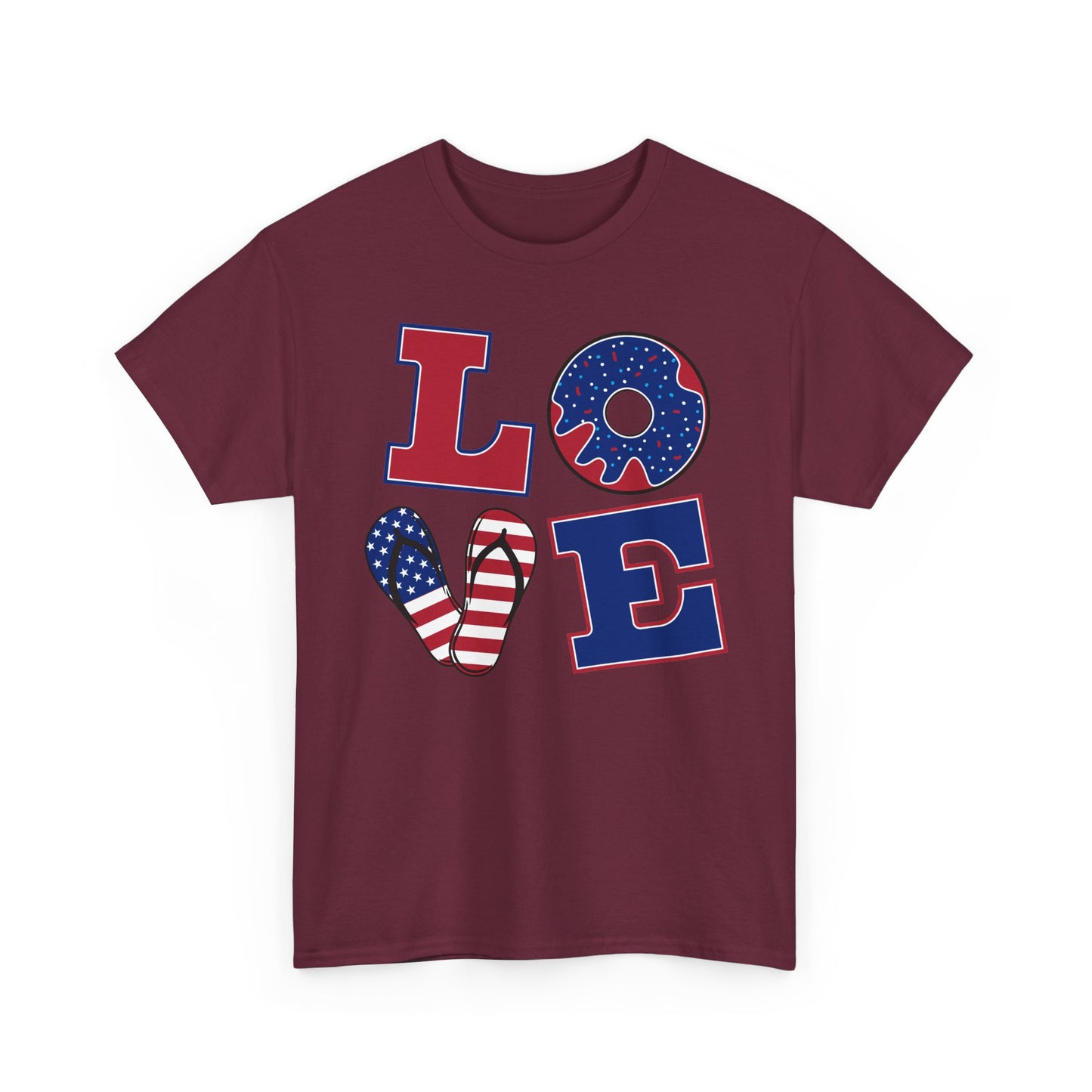 Patriotic "LOVE" Tee – American Flag Donut Heart 4th of July Shirt