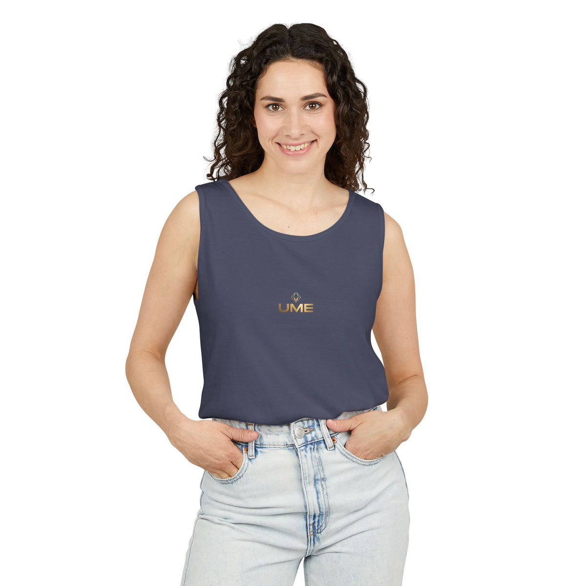 UME Gold Vertical Logo Tank Top – Garment-Dyed Unisex Muscle Tee