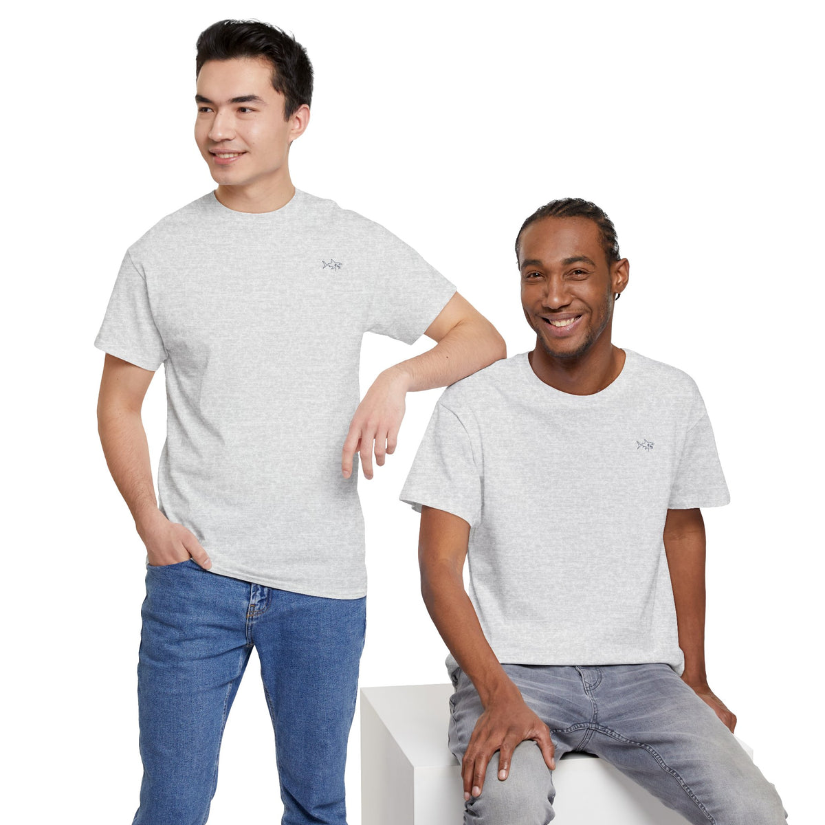 Minimalist string design Fish Tee — Small Chest Fish & Back 'OWE' Graphic
