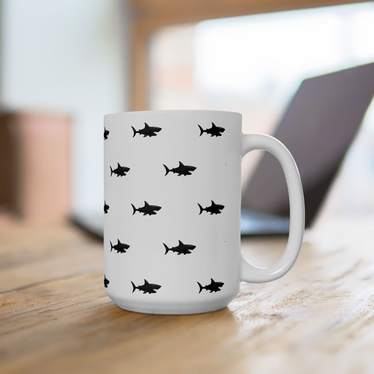Shark Pattern Ceramic Mug – Black Shark Silhouette Coffee Cup (11oz, 15oz)