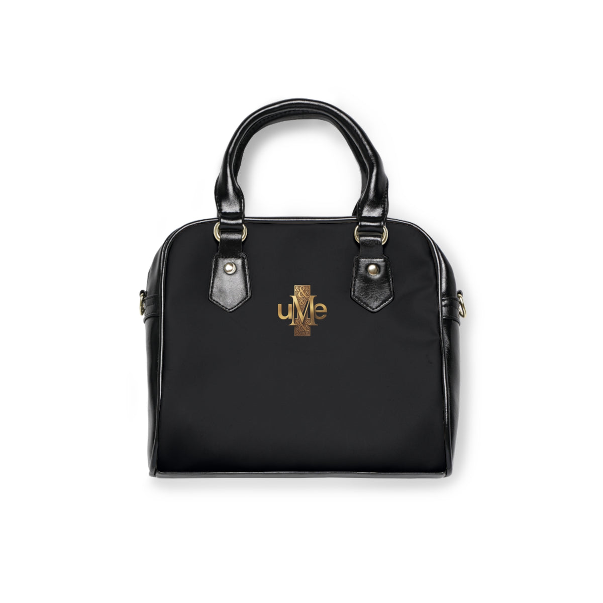 Black Shoulder Handbag — Faux Leather Tote with Gold uMe Cross Logo