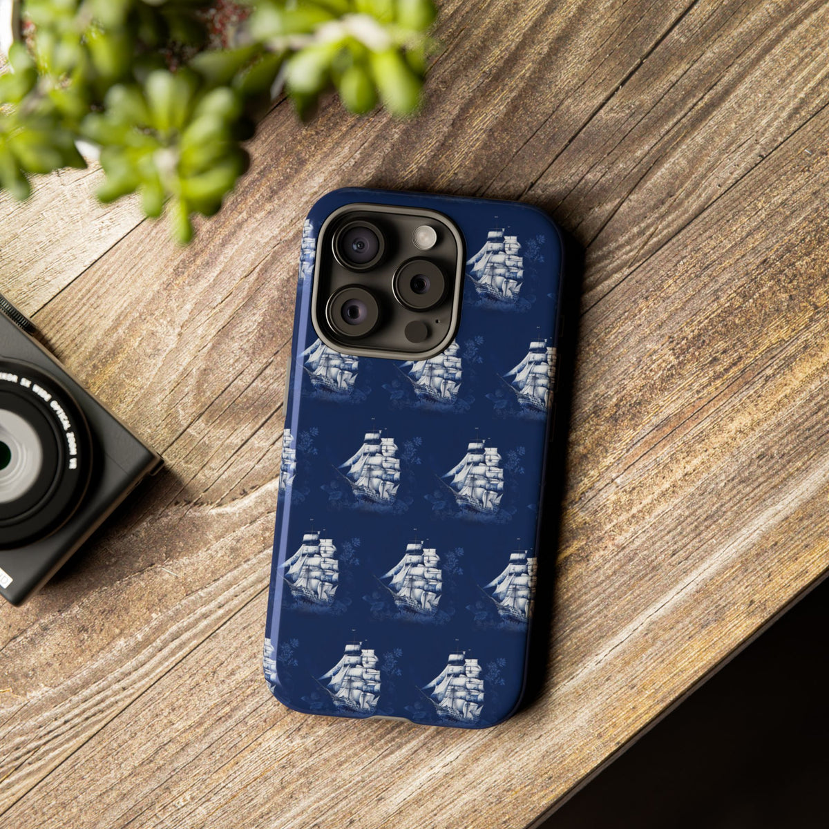 Navy Sailing Ship Phone Case — Navy Blue Vintage Nautical All-Over Print