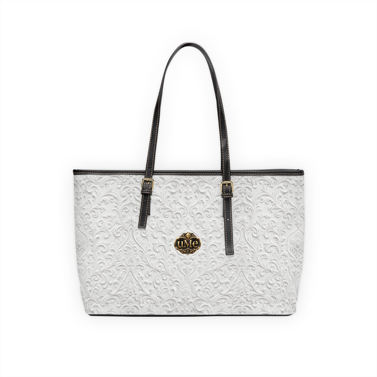 White UME Gold Crest Shoulder Tote — PU Faux Leather Scroll Print
