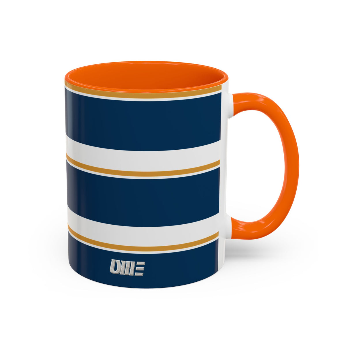 Navy and Gold Striped Accent Mug — White Ceramic