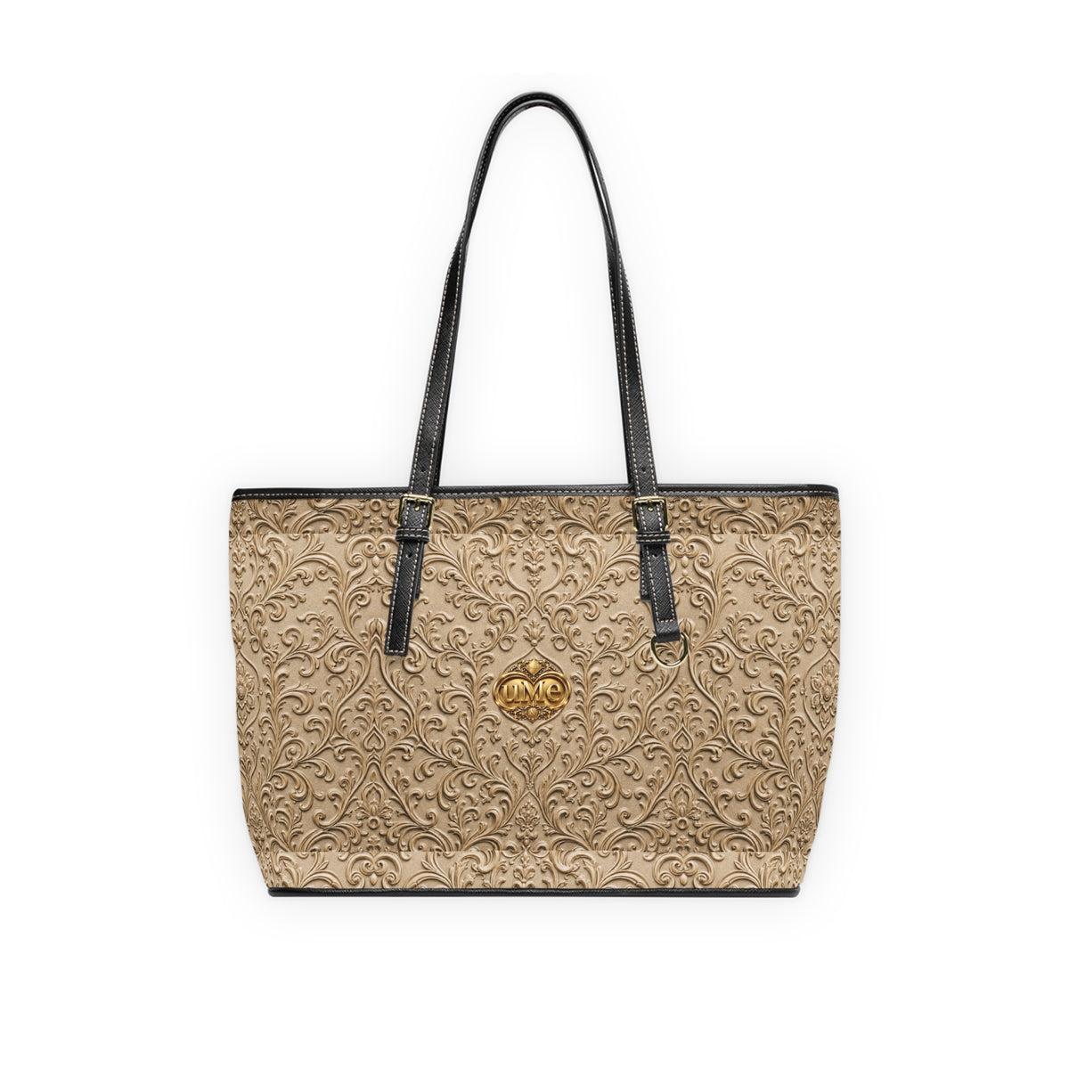Beige UME Gold Crest Shoulder Tote — PU Faux Leather Scroll Print