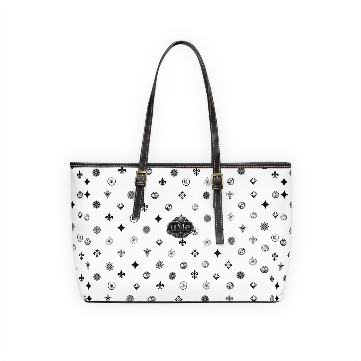 Monogrammed PU Leather Shoulder Bag — White Luxe Pattern Tote