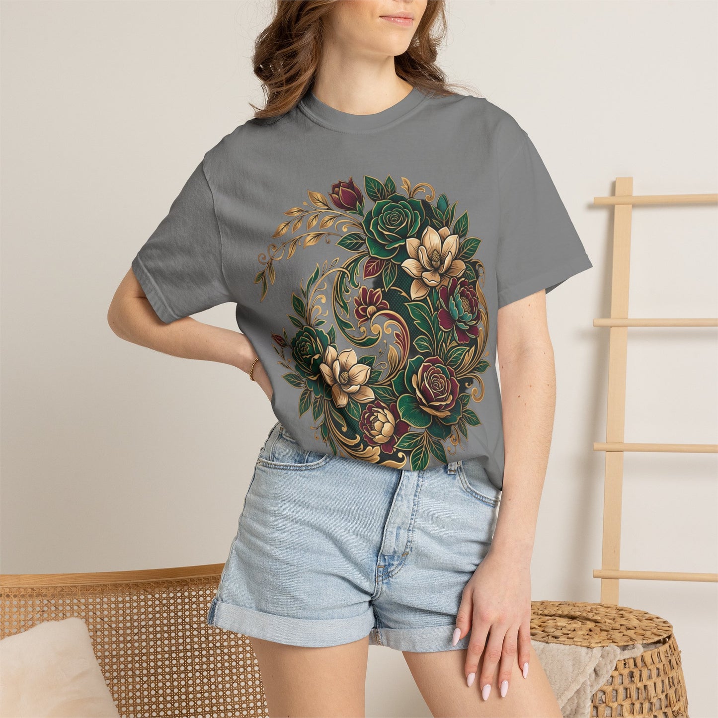 Floral Yin Yang T-Shirt — Vintage Green & Gold Rose Graphic Tee