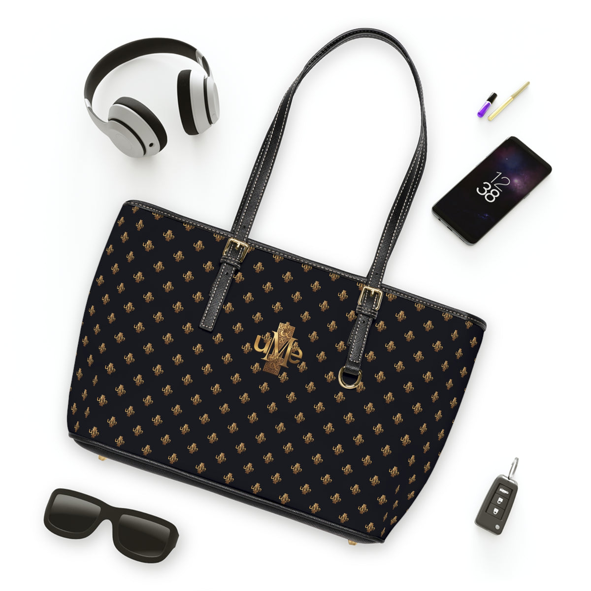 Black PU Leather Shoulder Tote — Gold uMe Cross Logo Handbag