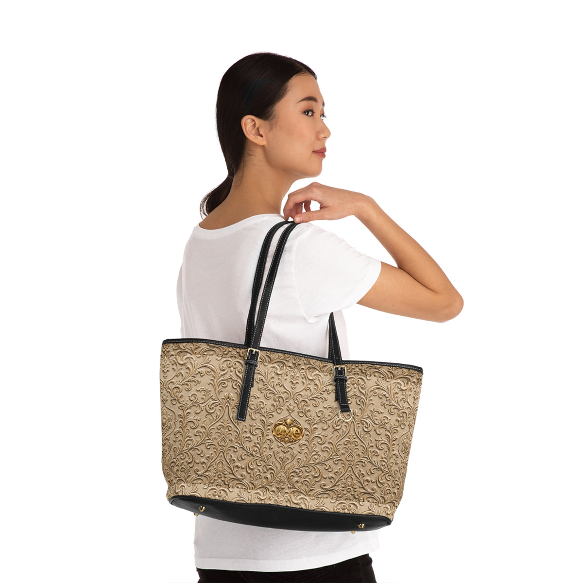 Beige UME Gold Crest Shoulder Tote — PU Faux Leather Scroll Print