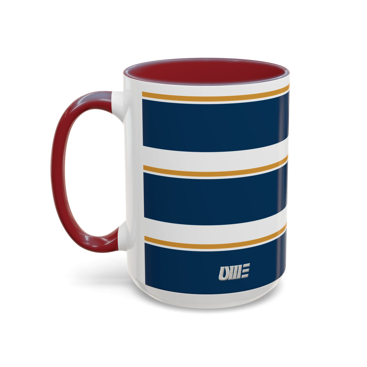 Navy and Gold Striped Accent Mug — White Ceramic