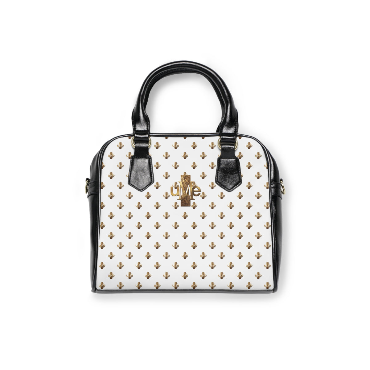 White Shoulder Handbag — Faux Leather Tote with Gold uMe Cross Logo