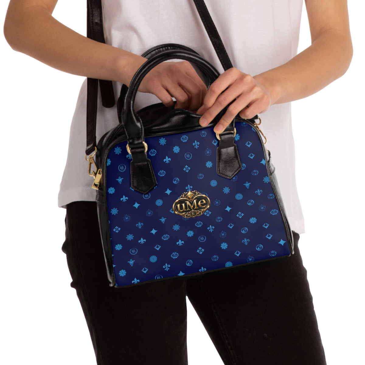 UME Monogram Pattern Shoulder Handbag — Navy All-Over Print with Gold Crest