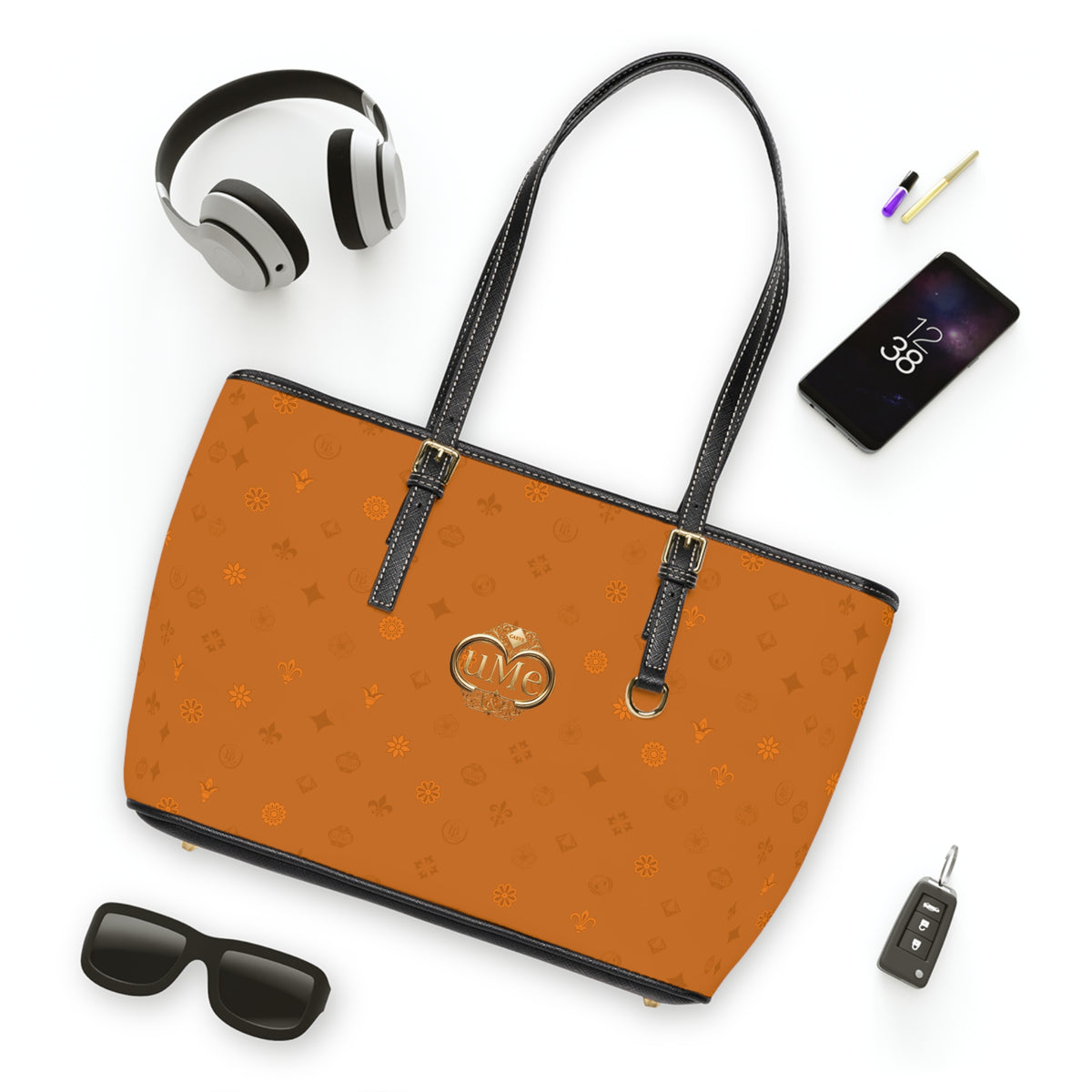 UME PU Leather Shoulder Bag — Cognac Monogram All-Over Print Tote