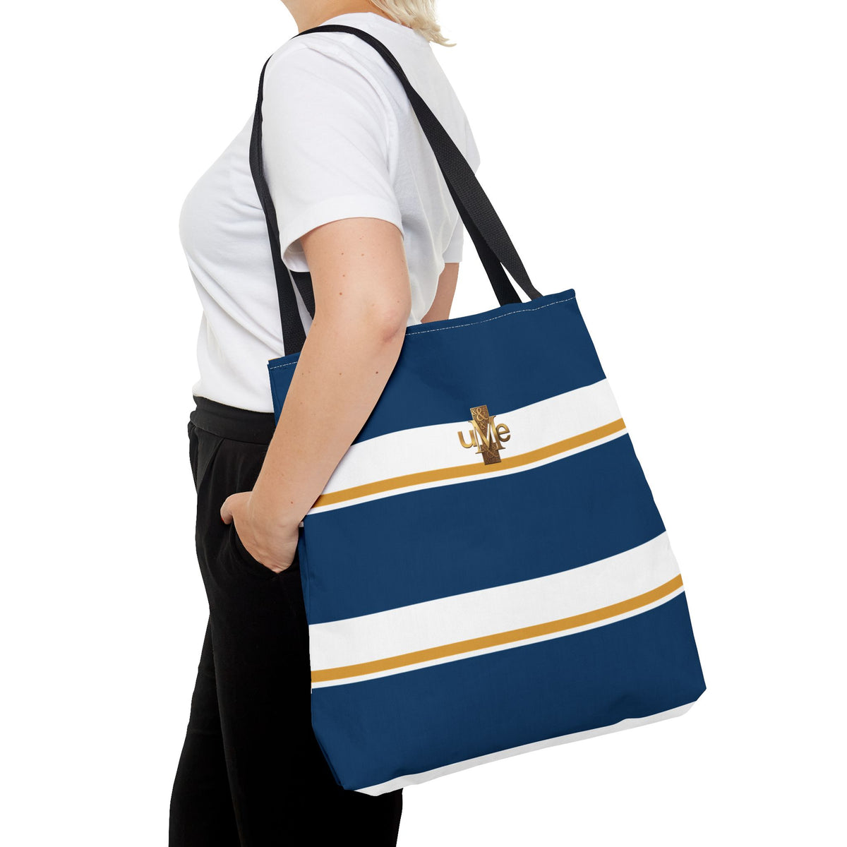 LIVE Cross Tote Bag — Navy & White Stripes with Gold Motif