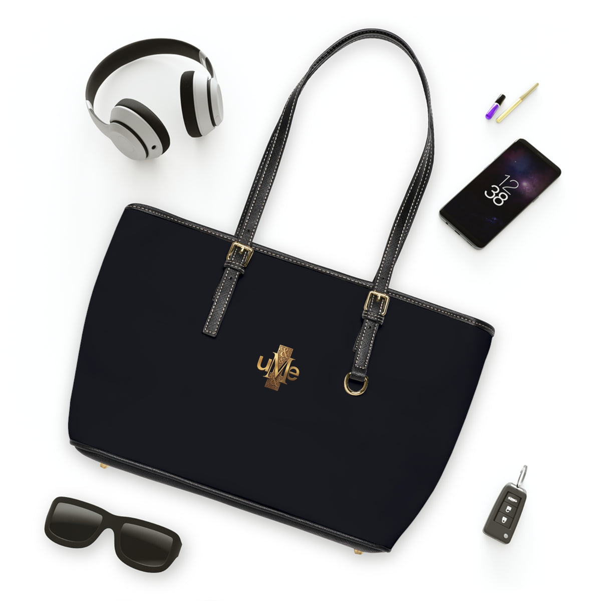 Black PU Leather Shoulder Bag with Gold Cross Logo — Elegant Tote for Everyday & Church