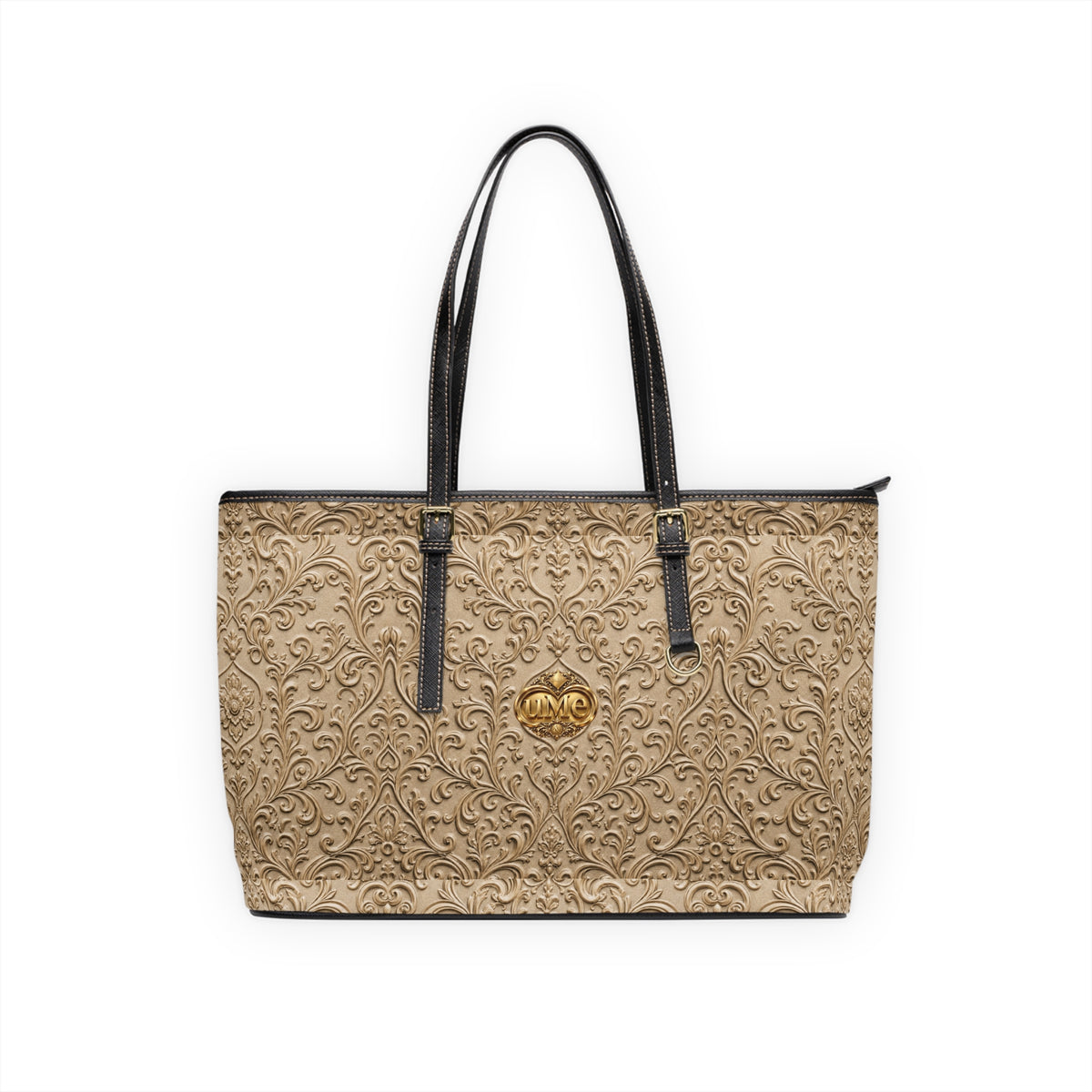 Beige UME Gold Crest Shoulder Tote — PU Faux Leather Scroll Print