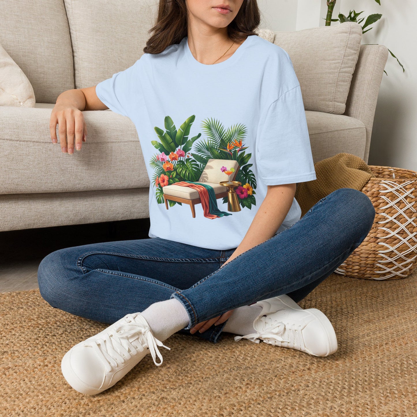 Tropical Lounge T-Shirt — Cozy Chair & Palm Floral Graphic Tee