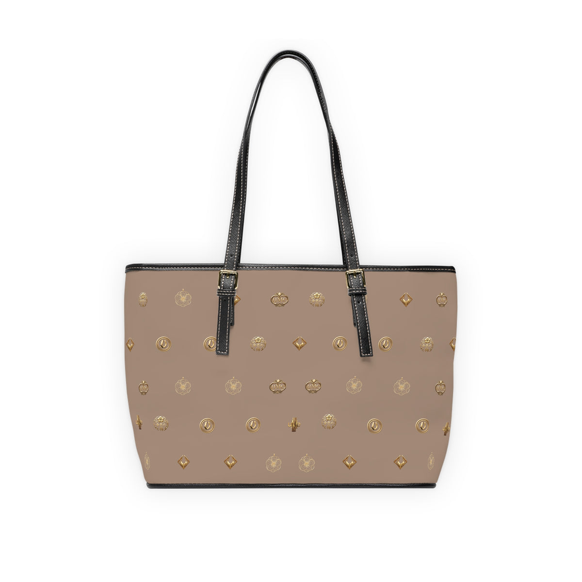 Taupe Monogram PU Leather Shoulder Bag — Gold Emblem Print Luxe Tote