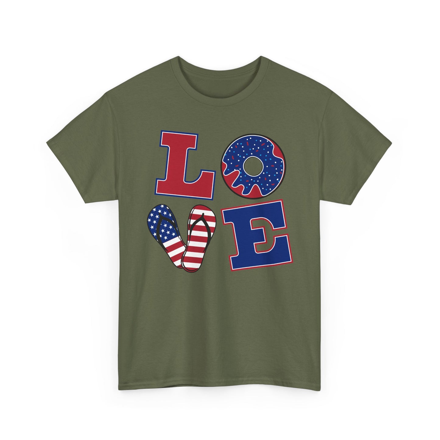 Patriotic "LOVE" Tee – American Flag Donut Heart 4th of July Shirt