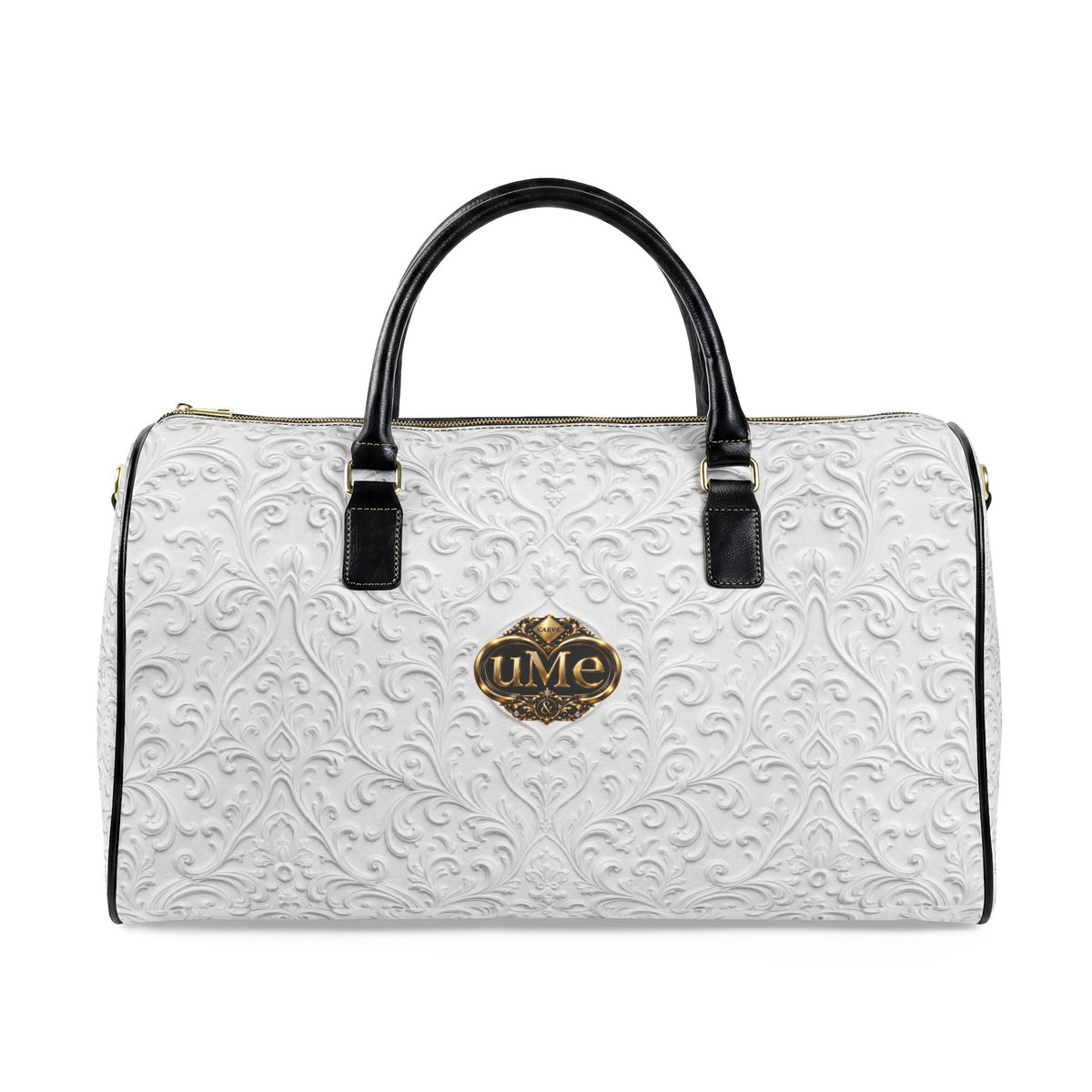 White Faux Leather Travel Bag — 'uMe' Gold Crest Weekender