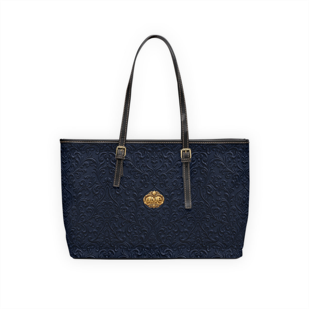 Navy UME Gold Crest Shoulder Tote — PU Faux Leather Scroll Print