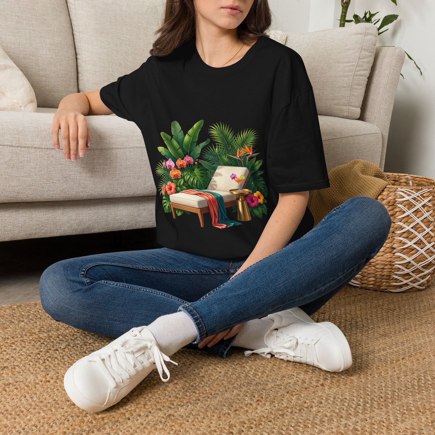 Tropical Lounge T-Shirt — Cozy Chair & Palm Floral Graphic Tee