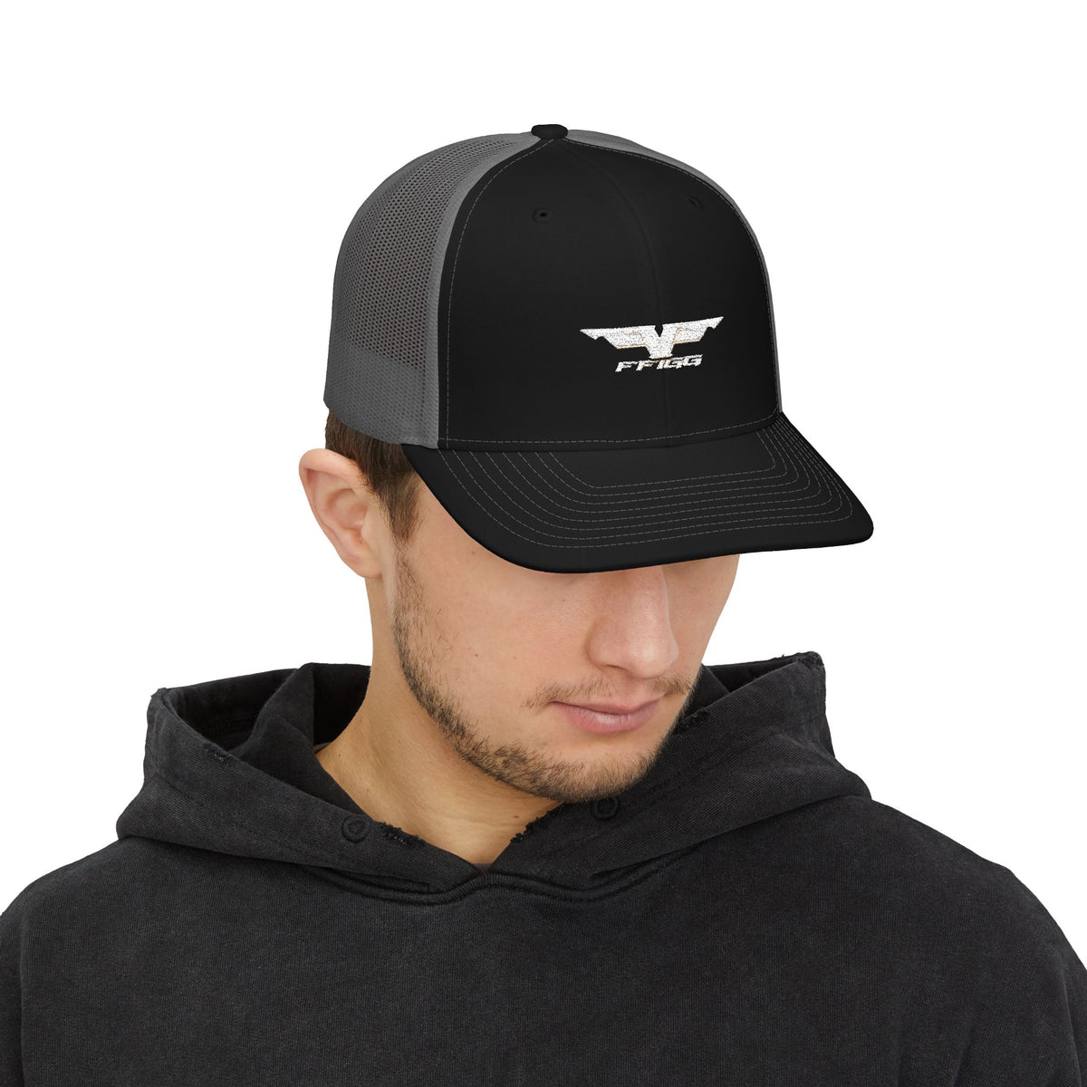 FFiGG Embroidered Snapback Trucker Cap — Black, Grey & Loden