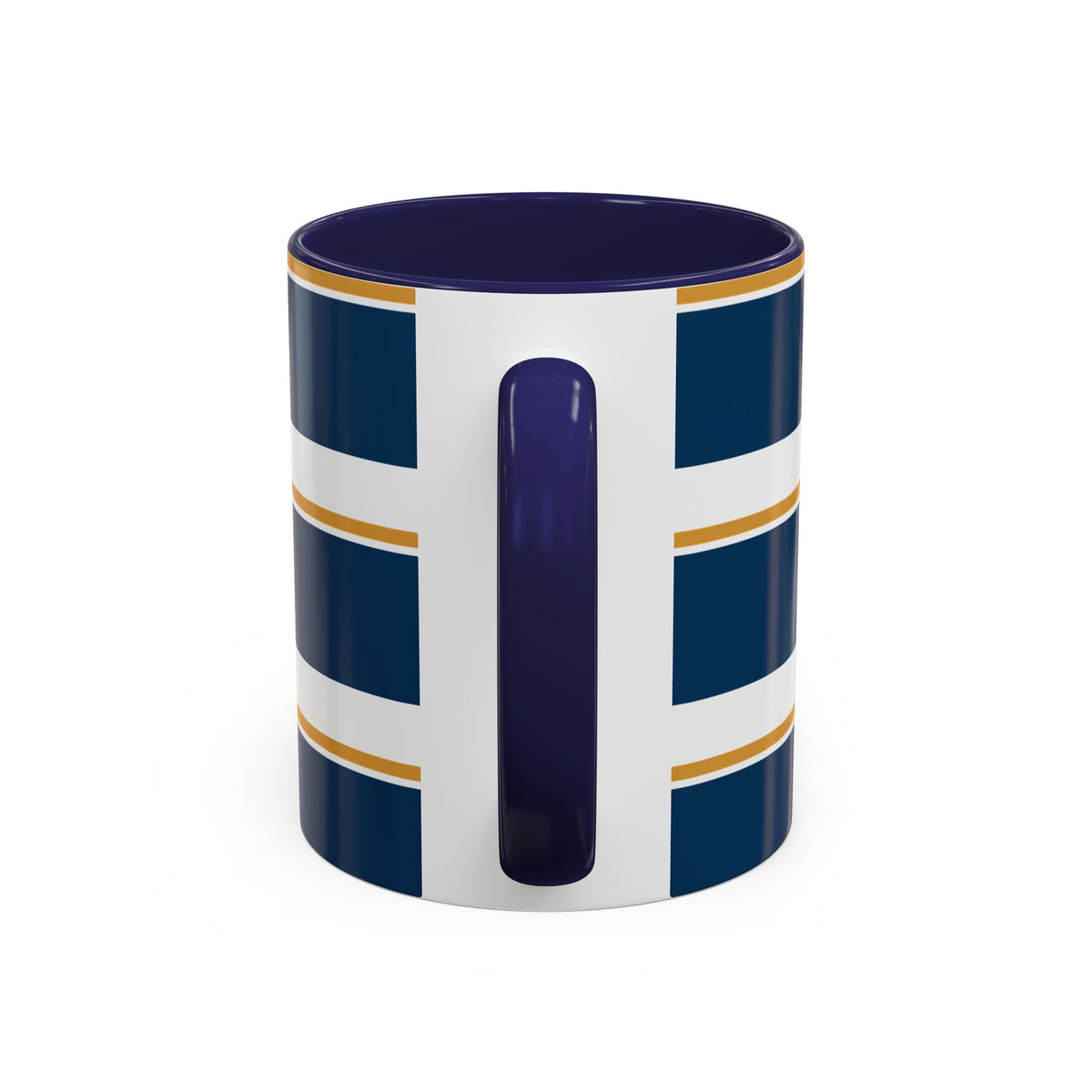 Navy and Gold Striped Accent Mug — White Ceramic
